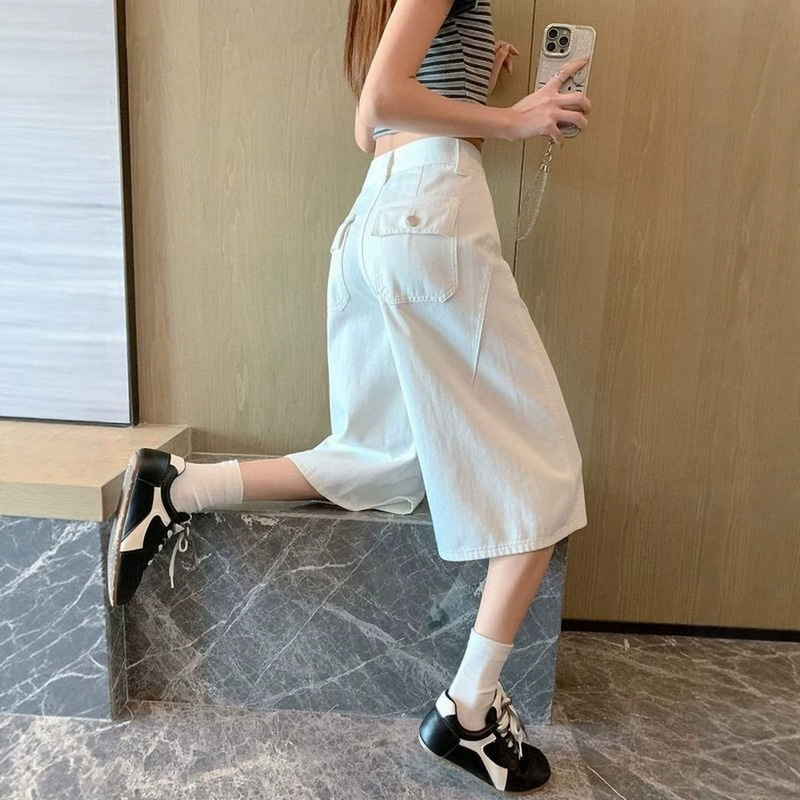 White Cropped Jeans for Women, Summer New Style, Petite American-Style Straight High-Waisted Loose Slimming Versatile Wide-Leg Pants White Cropped Jeans for Women, Summer New Style, Petite American-Style Straight High-Waisted Loose Slimming Versatile Wide-Leg Pants