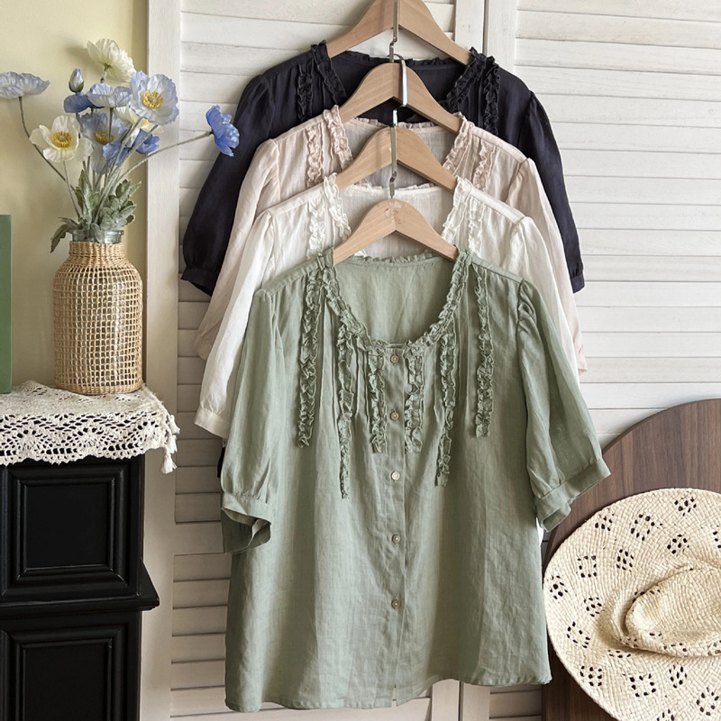 Korean-Style Ramie Round-Neck Lace Shirt for Women, New Summer Style, Elegant Shell Button Round-Neck Short-Sleeve Blouse for Women