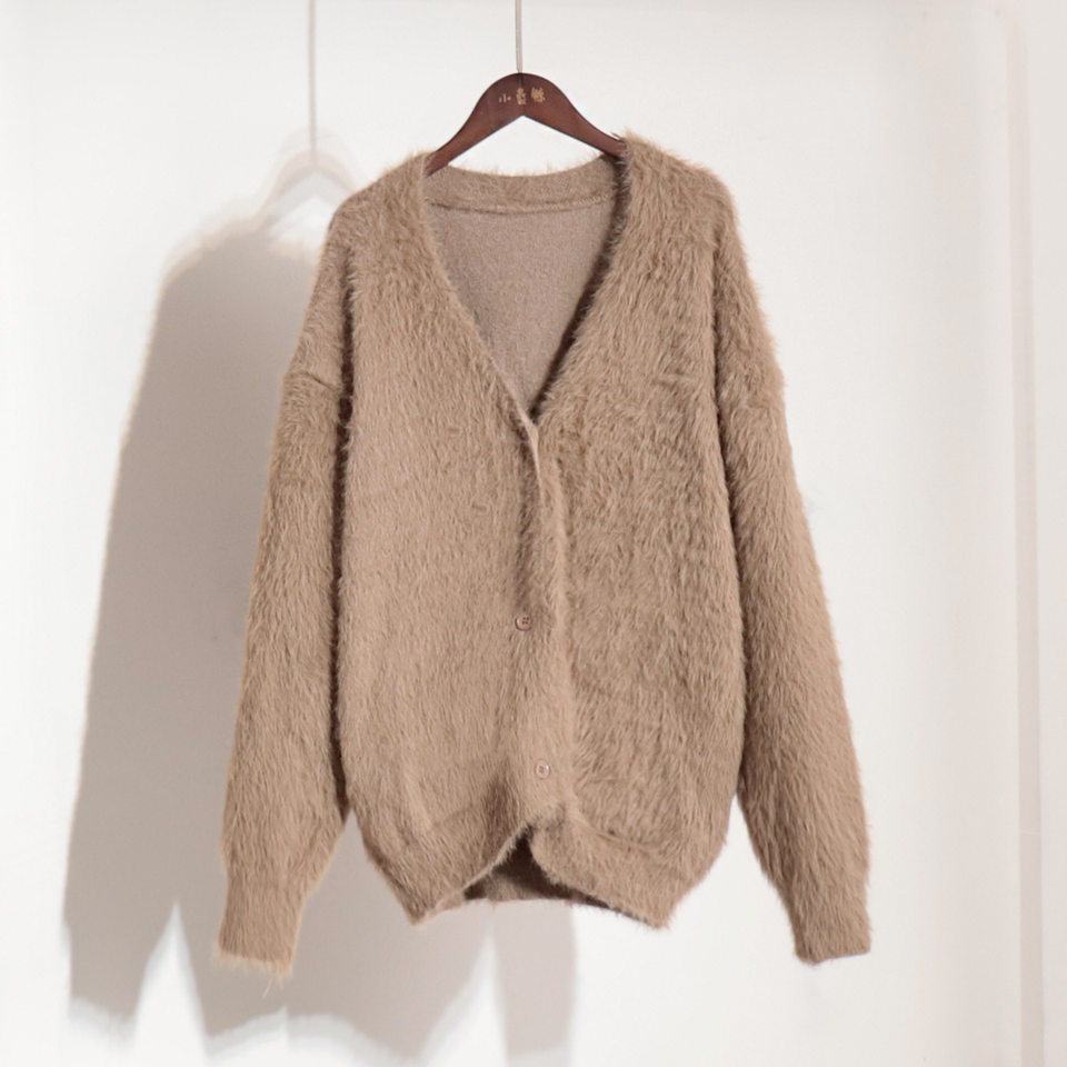 Áo cardigan len dệt kim giả lông chồn cổ V tay dài form rộng nữ — Màu hồng, Màu kaki, Màu trắng, Màu xám nhạt chi tiết 46