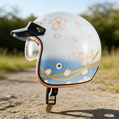 Vintage Motorcycle Helmet for Foreign Trade, 3/4 Helmet, Cross-Border Motorcycle/Electric Vehicle Half Helmet with Built-In Visor, 3C Dropshipping (Motosiklet kaskı (dəbilqə)) - mt-5-pearl-white-flower-language-with-black-and-white-mirrors-m