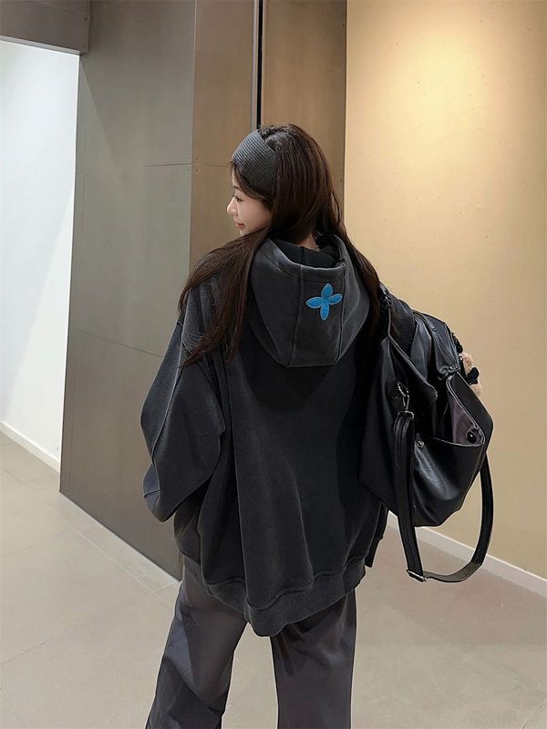 美式复古贴皮刺绣连帽卫衣男女秋冬设计感个性宽松套头上衣|undefined