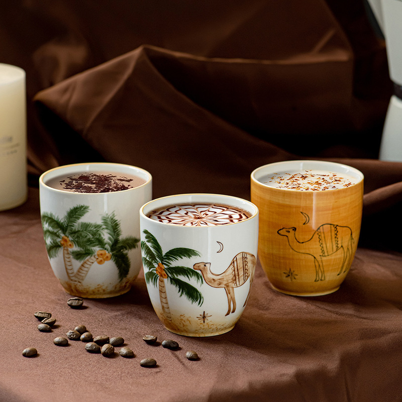 Cross-Border New Product Hand-Painted Middle Eastern Style Arabian Palm Tree Camel Coffee Cup Ceramic Water Cup Labeling and Delivery Cross-Border New Product Hand-Painted Middle Eastern Style Arabian Palm Tree Camel Coffee Cup Ceramic Water Cup Labeling and Delivery