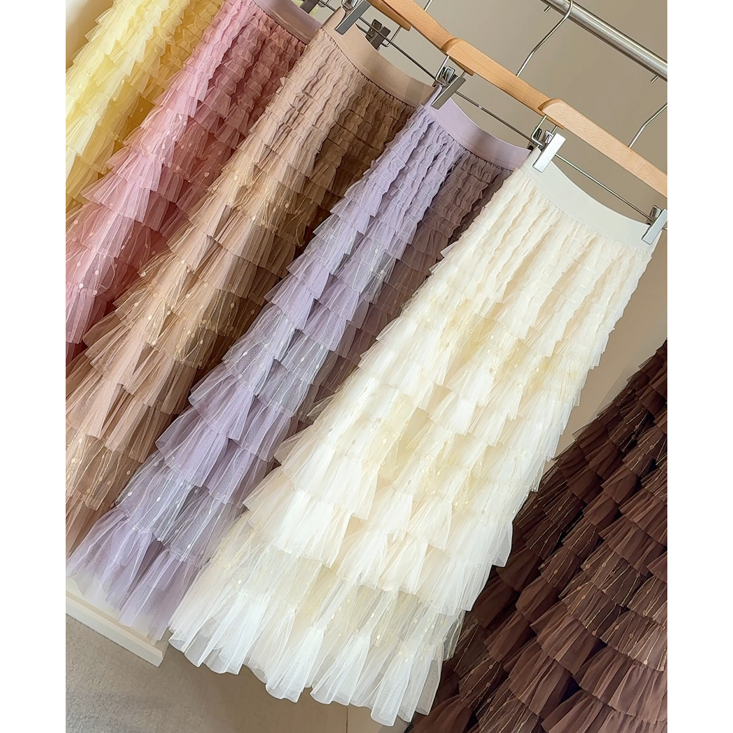 超仙网纱拼接亮丝蛋糕裙2025春秋新款中长裙款蓬蓬纱裙A字半身裙