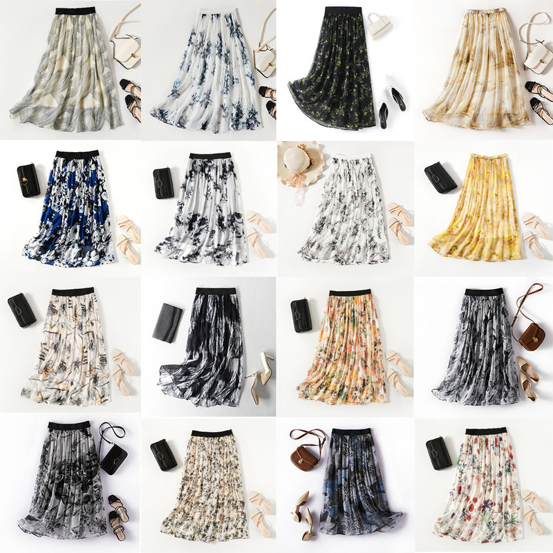 Silk skirt women's spring and summer high waist slim A- shaped drape long skirt mulberry silk houndstooth large skirt-Xi Fei