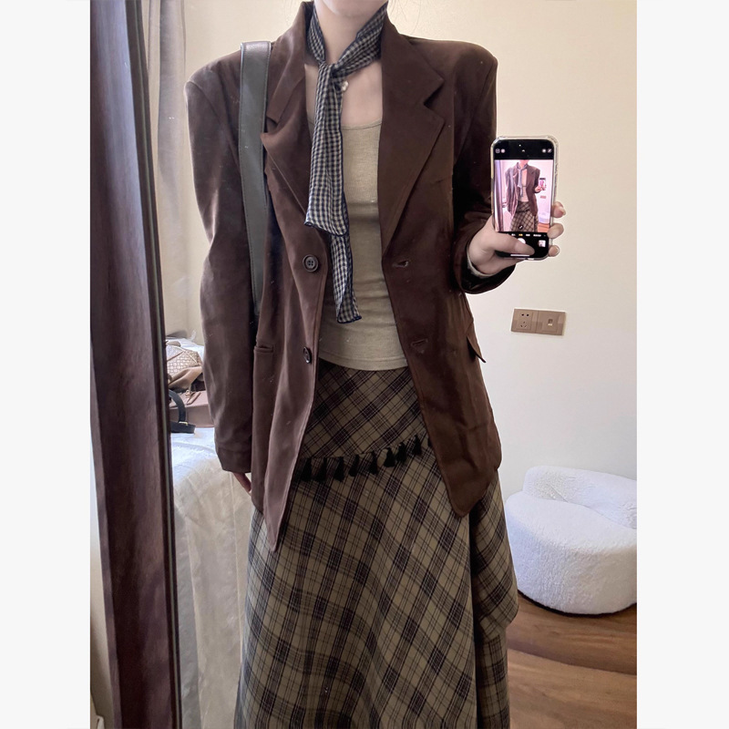 ZHOYUE 复古小众麂皮绒西装外套女小个子2025新款+流苏格纹裙套装|undefined