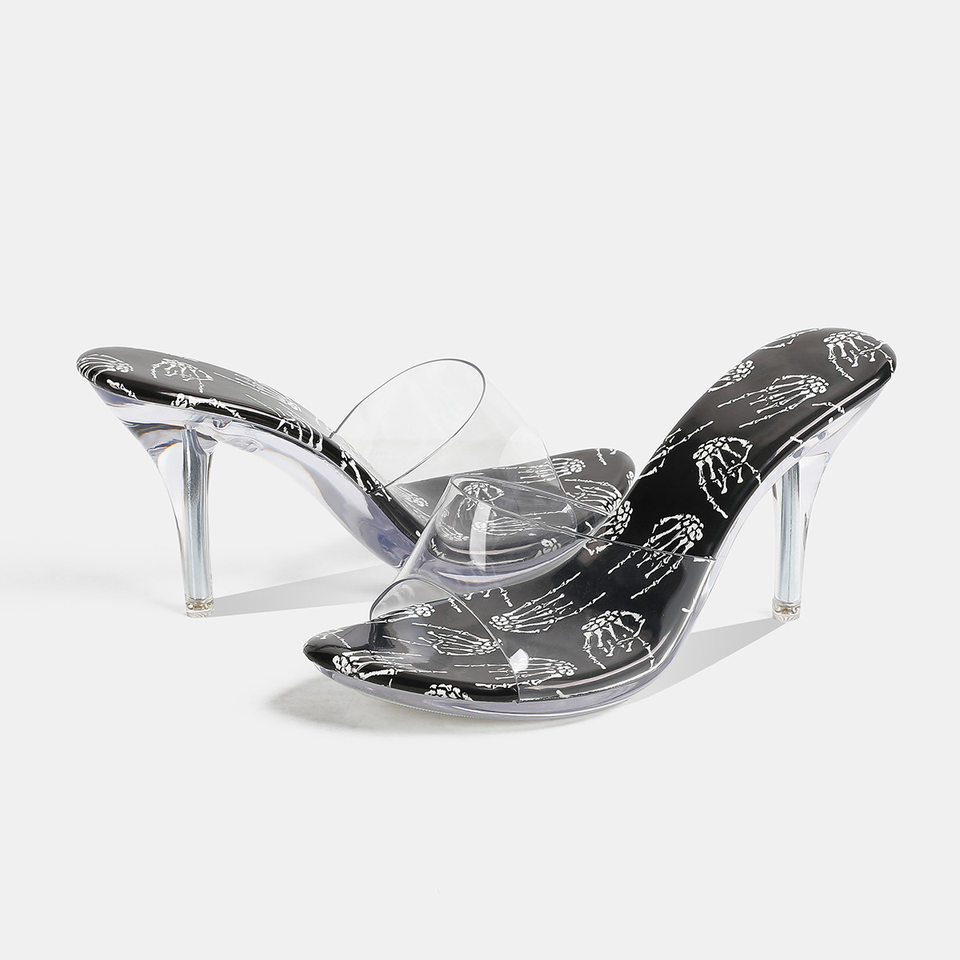 Dép sandal nữ quai ngang mũi hở, đế mỏng gót nhọn cao trên 8 cm, phối họa tiết trong suốt — Màu xanh da trời, trắng, đen chi tiết 8