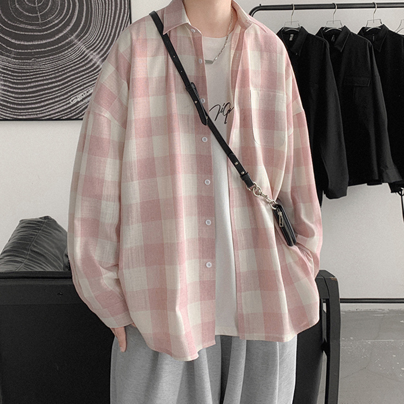 Camisa a cuadros estilo coreano Primavera de los hombres ins juventud camisa de manga larga 2021 suelta moda guapo abrigo del todo fósforo