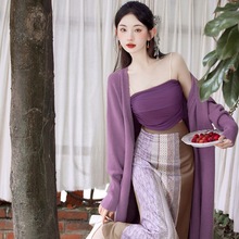 实拍 紫色复古改良国风吊带+印花半裙+慵懒针织外套套装