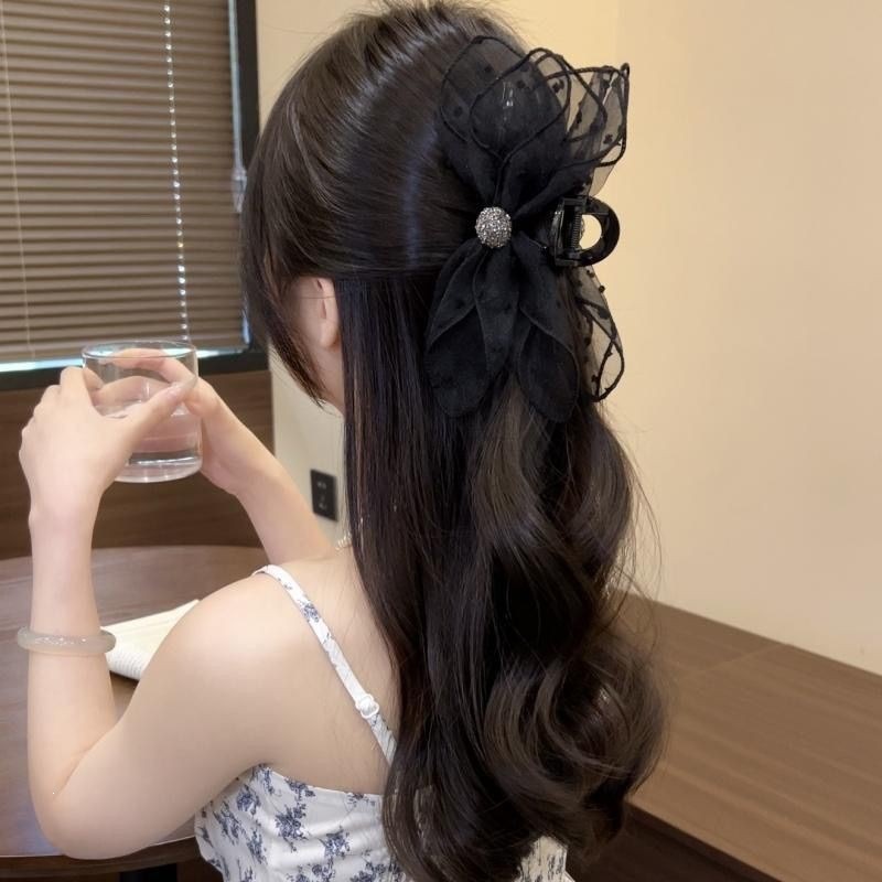 Satín de alta sensación, arco negro grande, clip de tiburón, toque de cabeza, clip de nube, clip de agarre, clip de cabello, tarjeta de cabello de mujer