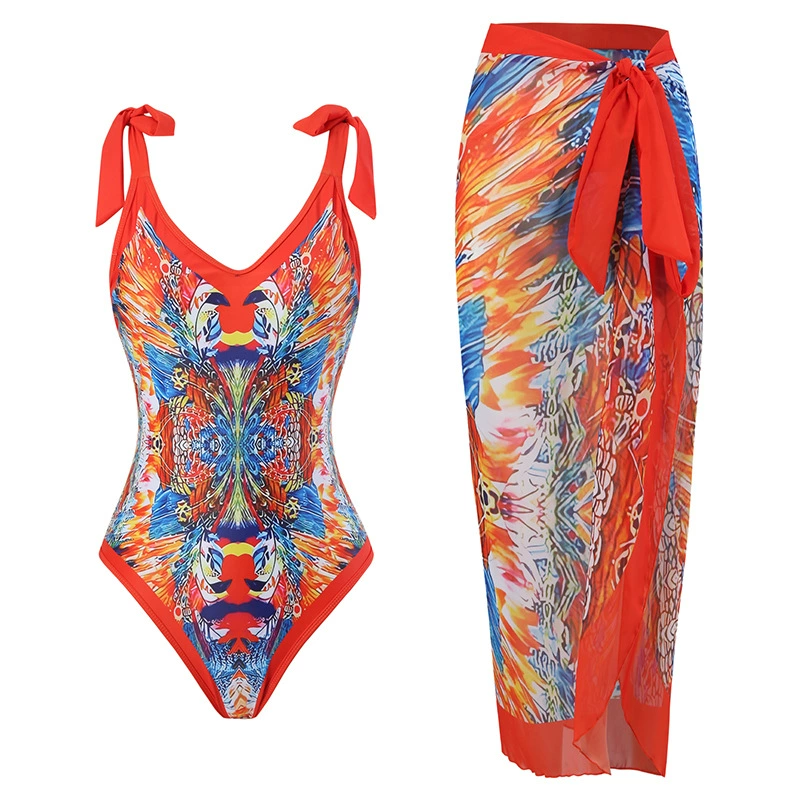 Swimwear с принтом мультфильмов и пляжной шифоновой длинной юбкой, купальник европейского стиля с высокой талией
