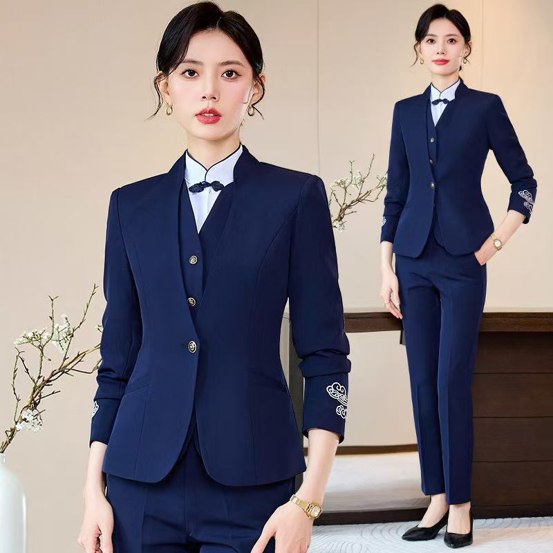 职业装西装套装女秋季酒店前台接待工装中式餐饮饭店服务员工作服