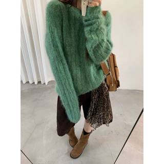 【珠片花纱】重磅拉毛羊绒羊毛绞花圆领针织衫女秋冬慵懒套头毛衣