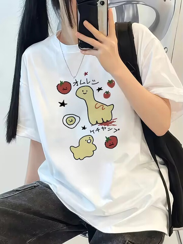 Interesting Tomato and Strawberry Pattern Printed T-Shirt 2025 Summer New Style Women's White Crew Neck Casual Top Interesting Tomato and Strawberry Pattern Printed T-Shirt 2025 Summer New Style Women's White Crew Neck Casual Top