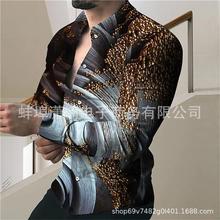 速卖通跨境wish2023春季新款印花衬衣男装休闲衬衫长袖上衣大码