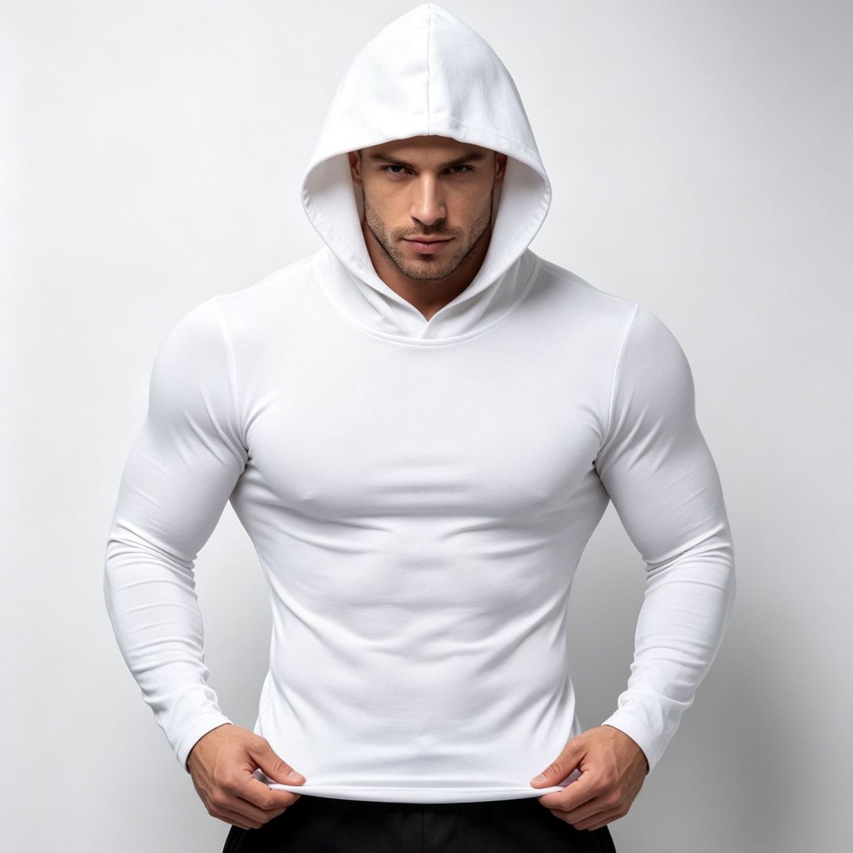 New lightweight athletic hoodie with long sleeves, solid color, elastic fabric, suitable for running, workouts, and training, quick-drying top for men