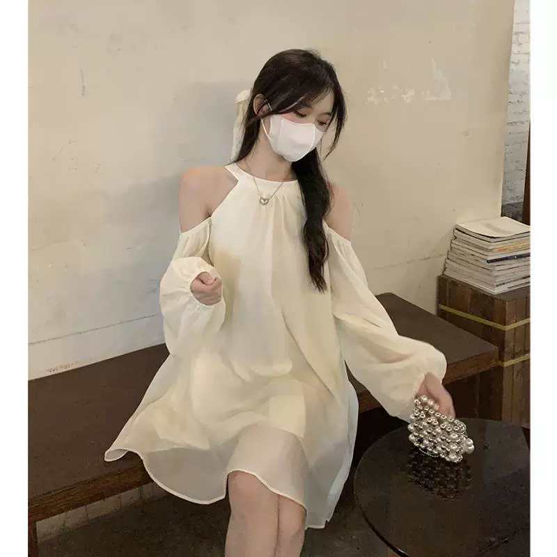 Платье в французском стиле, милый дизайн, пройма Cold-Shoulder, A-line, светлый абрикос, размеры S–2XL
