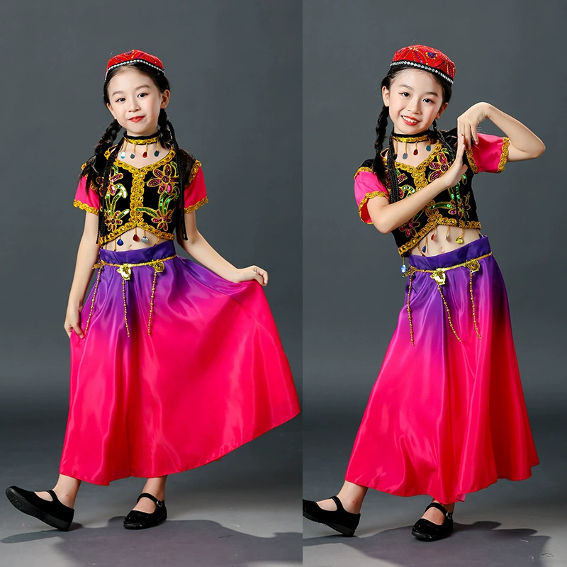 Костюмы для танцевальных представлений этнических меньшинств Синьцзяна для детей, большие распашные юбки, женские костюмы для выступлений уйгуров Xiaoxiaoguli Hui