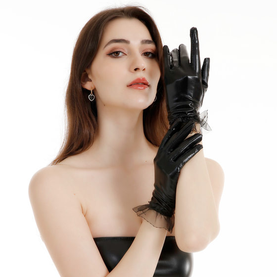 Short Mesh Edge Patent Leather Gloves DS Steel Tube Dance Performance Gloves Halloween cosplay Coated Gloves