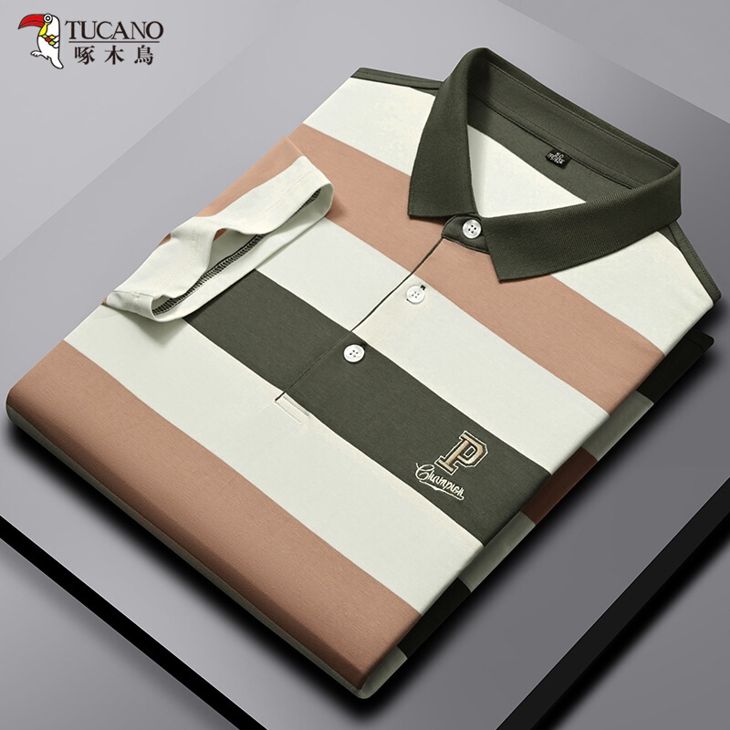 Heavy spring and summer new thin round neck embroidered short sleeve business casual fashion in stock middle-aged men's striped polo shirt