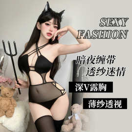 性感情趣内衣小恶魔挂脖透视系带三点式惹火透视制服免脱套装2960