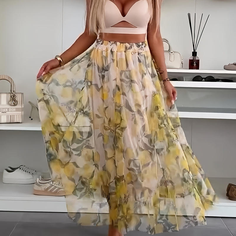 Amazon Aliexpress S-5Xl Multi-Size Sweet Printed Skirt Long Skirt Mesh Lemon Print Fashionable Waist-Cinching Skirt