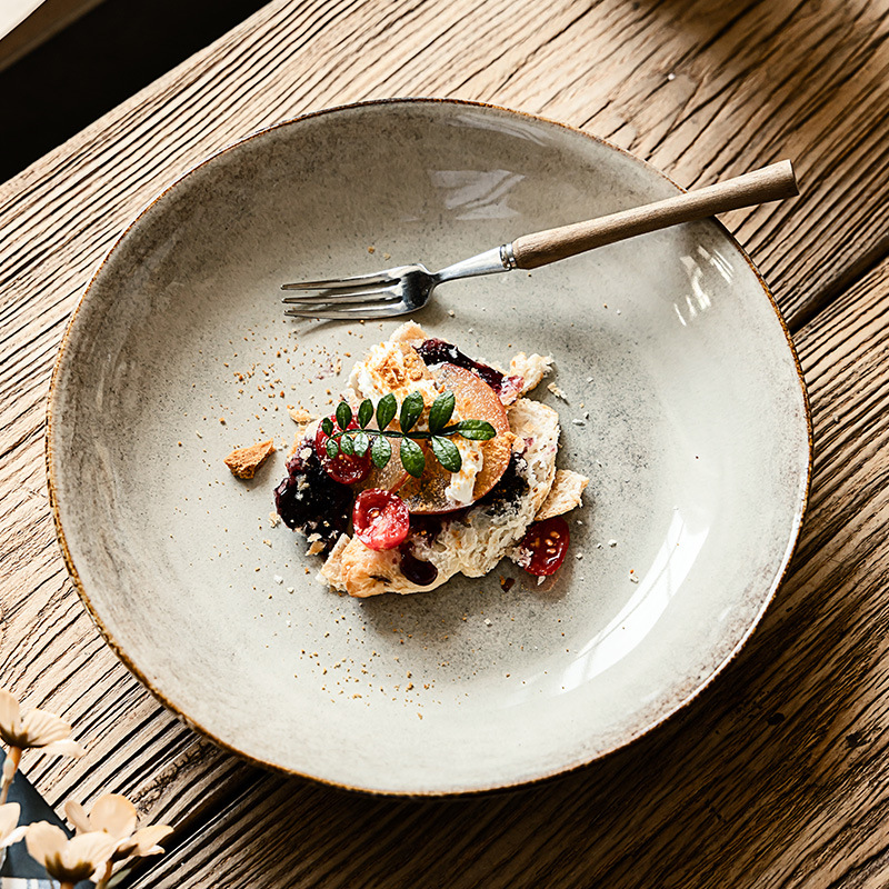 Hacer viejos tazones de cerámica poco profundos estilo japonés retró abierto tazón redondo casero tazón de pasta tazón de postre tazón de ensalada