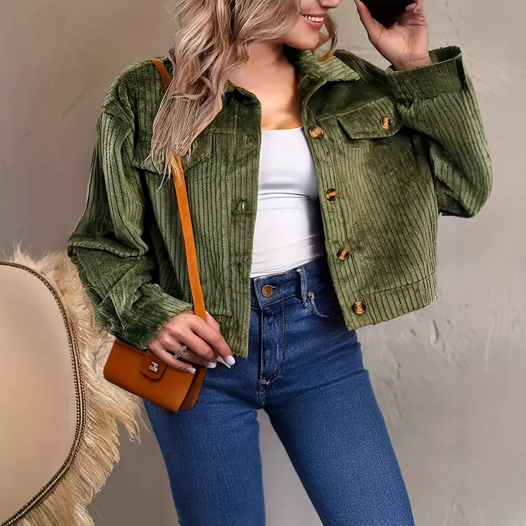 亚马逊跨境欧美女士大码时尚灯芯绒夹克 - 休闲纯色，扣环设计带