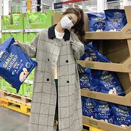 黑白格设计感新款时尚毛呢大衣中长款复古西装格子赫本风呢子外套