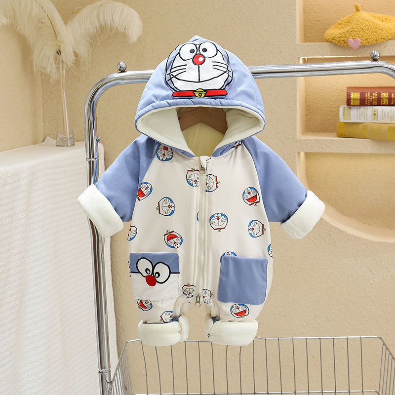 Bebés para hombres y mujeres nuevo invierno más terciopelo engrosado más algodón con capucha mono lindo abrigo bebé recién nacido a prueba de viento