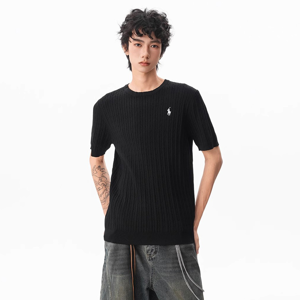 Camiseta de punto de manga corta camiseta masculina marcas de caballo bordadas viejas flores de negocios de hielo seda fábrica de verano transfronteriza al por mayor
