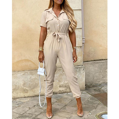 eBay Summer European and American Women's Casual Long Pants with Collar, Button Print Belt, Workwear Bodysuit