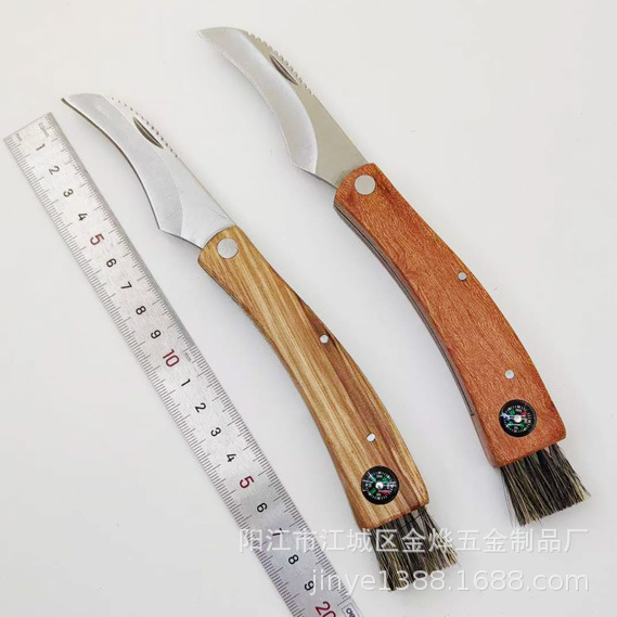 厂家直销花梨木蘑菇刀野营刀具木柄指南针小刀蘑菇扫子礼品小刀