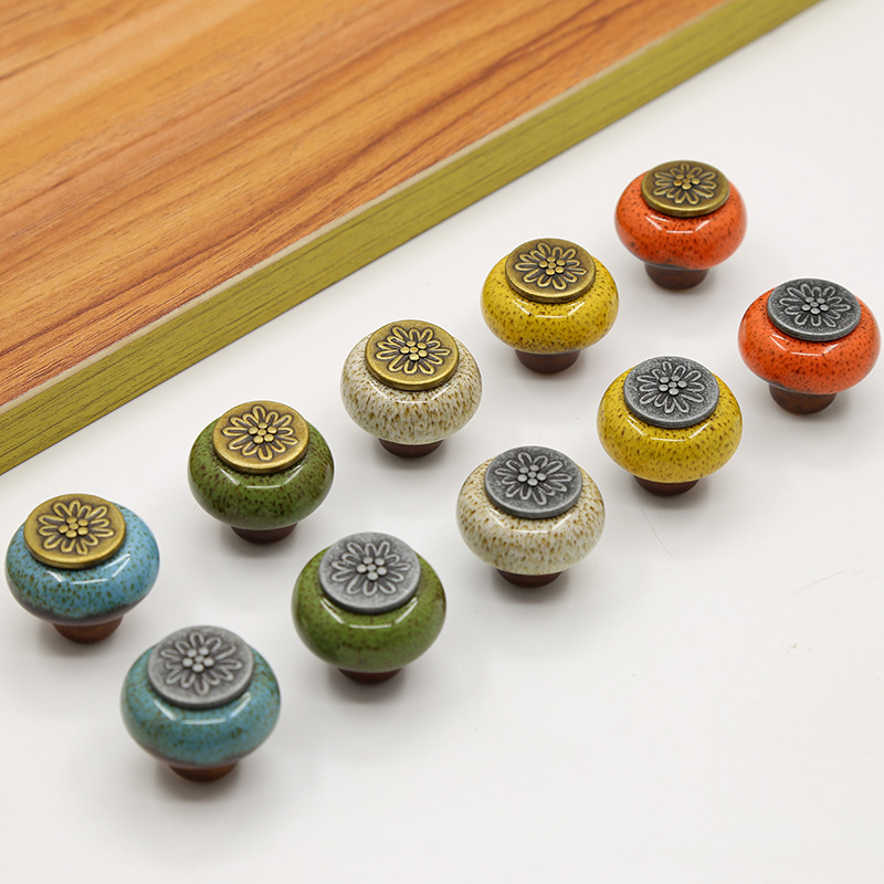 单孔仿古拉手陶瓷新中式豹纹古董拉手复古衣柜橱柜抽屉圆小把手|ms