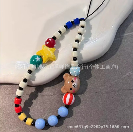 factory wholesale xiaohongshu same style handmade beaded mobile phone charm cute bear childlike wrist short chain ornaments