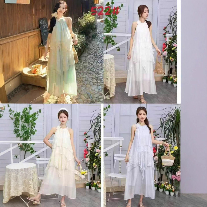 Summer New Beach Dress Halterneck Ruffle Dress Spliced ​​Sleeveless Long White Dress Ready for Sale