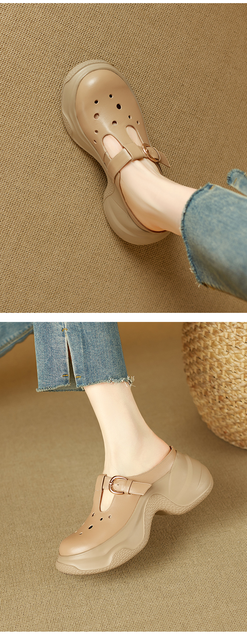 Dép sandal nữ đế bánh mì da bò mũi trùm quai chữ V — đen chi tiết 5