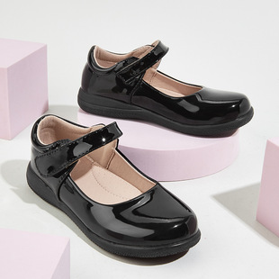 Girls' Student Shoes Black Round Toe Shallow Mouth Velcro Mirror Student Shoes Small Leather Shoes Versatile Classic Leather Shoes