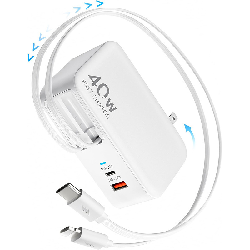 40W Gallium Nitride Charger Comes with Dual Stretch Retractable Cable Pd Fast Charging Three-In-One Suitable for Apple, Huawei and Xiaomi 40W Gallium Nitride Charger Comes with Dual Stretch Retractable Cable Pd Fast Charging Three-In-One Suitable for Apple, Huawei and Xiaomi