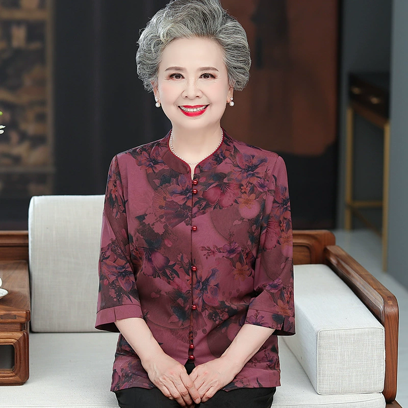 Летняя одежда для среднего и пожилого возраста, рубашка для бабушки в иностранном стиле, женский тонкий кардиган для пожилой женщины с рукавом с семью точками, 60 лет, 70 лет, топ для мамы