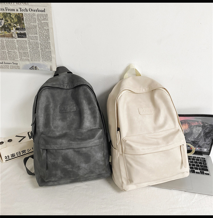 Korean Solid Color Large-capacity Pu Leather Backpack display picture 2