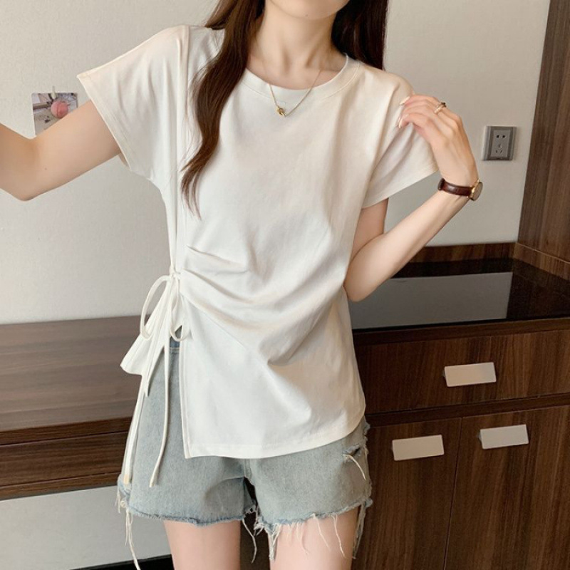 大きいサイズの右肩不規則ウエストプリーツ半袖Tシャツ女性用2025夏少し太ったmm痩身お腹カバートップ|undefined
