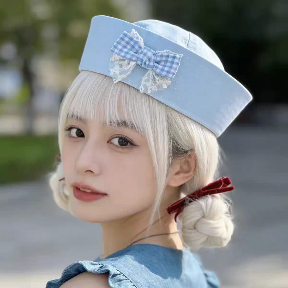 레이스 리본 레이스 세일러 모자
