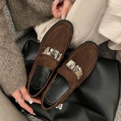 スポットバージョン〜本革厚底ラウンドトゥスモールゴールドバックル英国風スリッポンローファーレディースレトロスモールレザーシューズ
