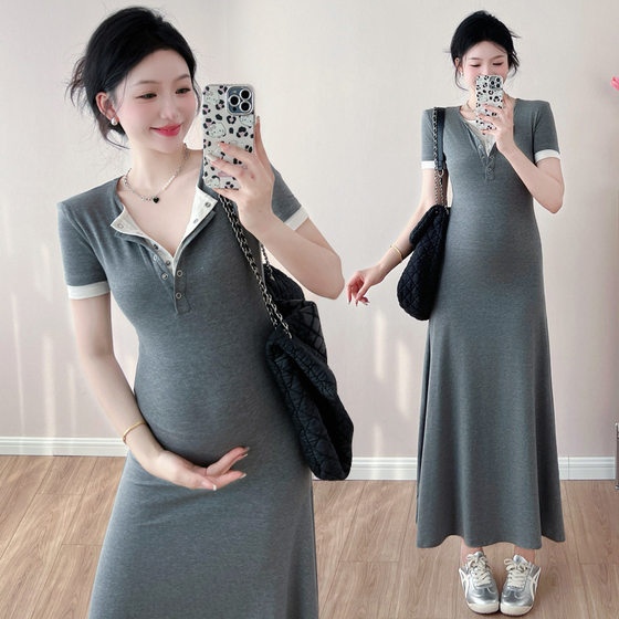 in stock Real Shot Long Knitted Pregnant Women dress New Pregnant Women Summer Dress Hot Mom Fashion Fake Two-piece Pregnant Women Dress
