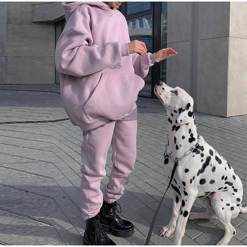 European and American step-in oversized hooded sweater 2-piece sportswear women's pants casual wear 2023 autumn and winter women's fiber grain