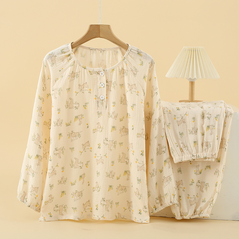 [Pure Cotton Gauze] Women's Spring and Autumn Long Sleeve Pants Pajamas Soft Outer Wearing Round Neck Sweet Rabbit Home Clothes