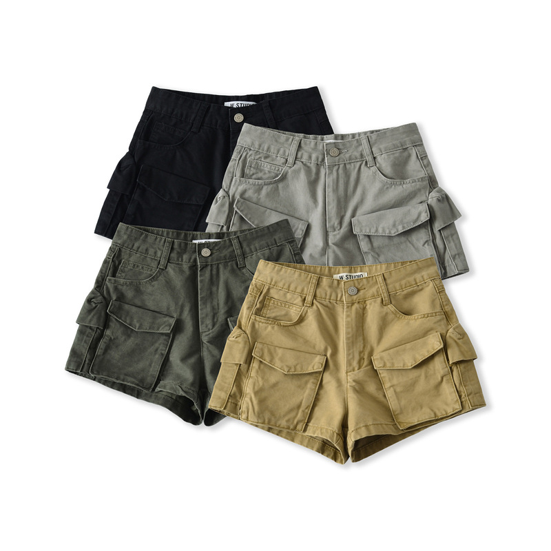 European and American Style Summer Hot Girl Style Solid Color Versatile Fashion Slimming Multi-Pocket Workwear Style Denim Shorts Casual Versatile