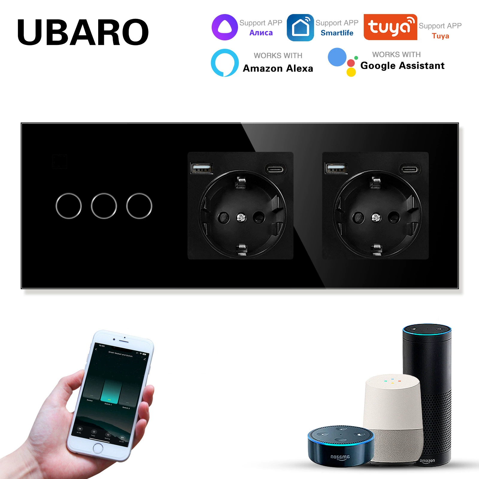 Type 228 European standard smart switch socket Slimper glass panel Alexa voice graffiti app zero fire switch batch