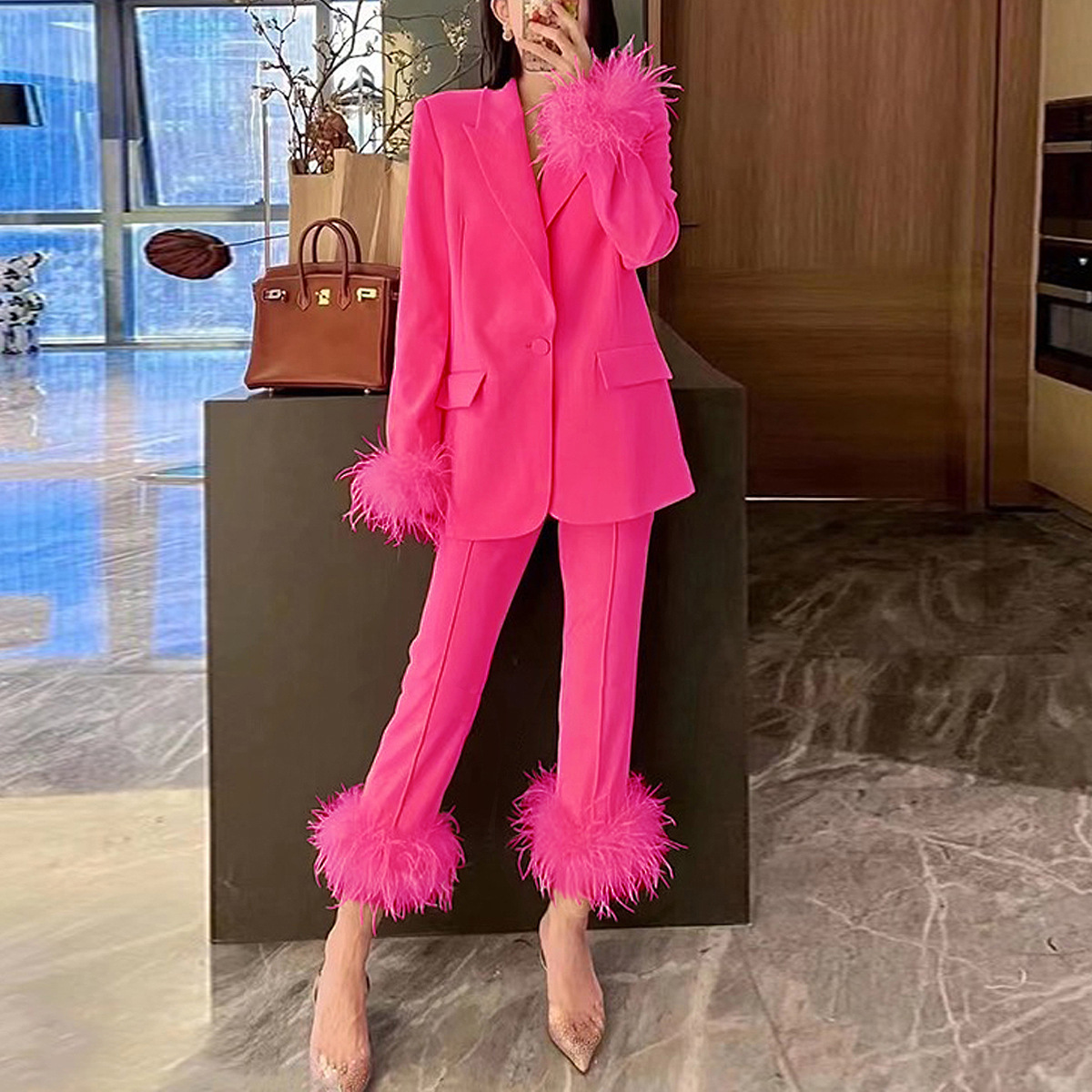 2370 In-stock Spring Autumn New European And American Internet Celebrity Style Ostrich Feather Two-piece Set Elegant_ecoleips.com