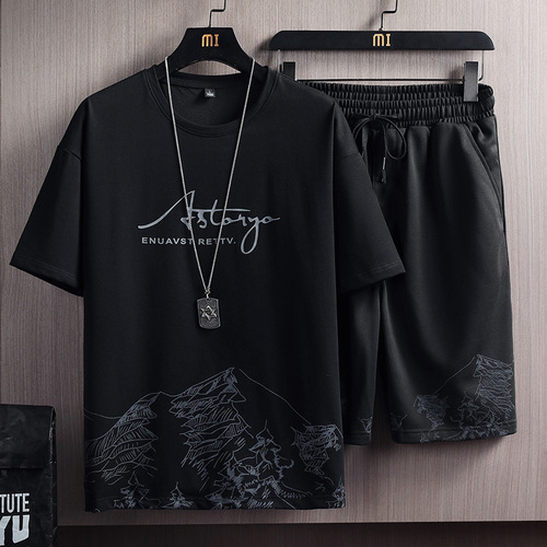 Men's Summer New Snow Mountain Print Fashion Trend Korean Version T-Shirt Set Two-Piece Loose Fit Sports Combo